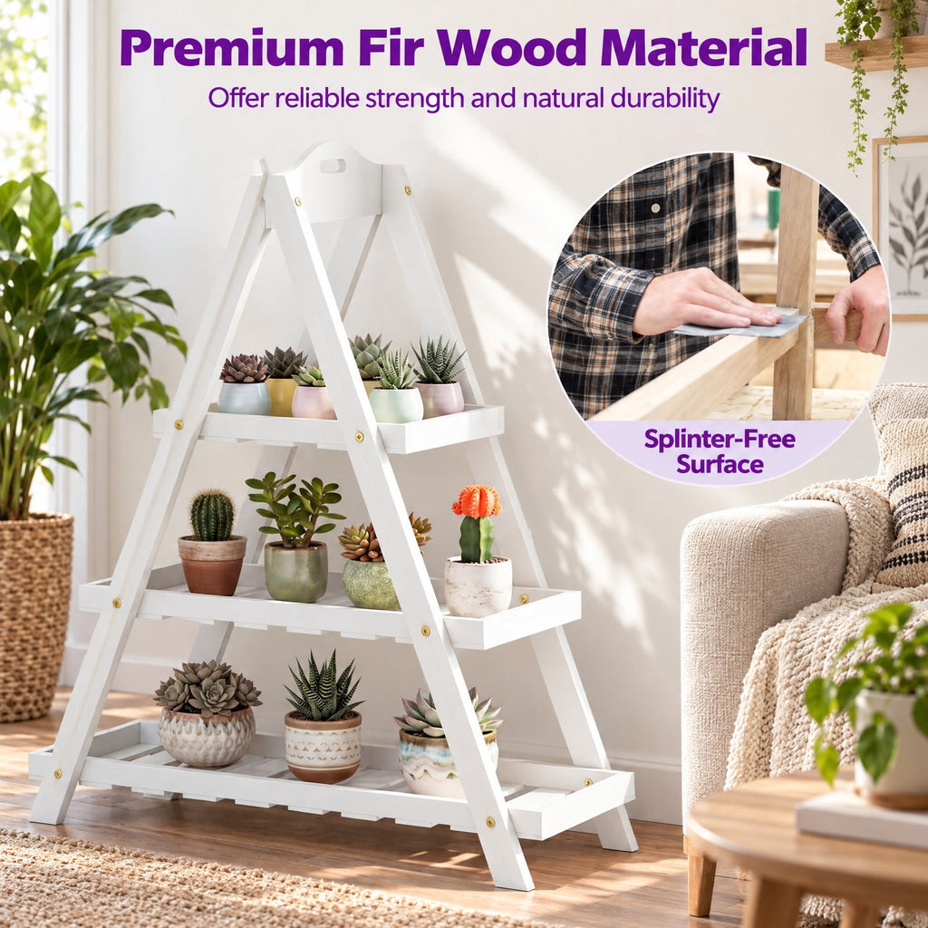 Airfind 3-Tier Plant Stand Flower Pot Display Shelf, Shelf 11 lbs Total Capacity, Fir Wood Frame, 23 x 10 x 28.5 Footprint, White