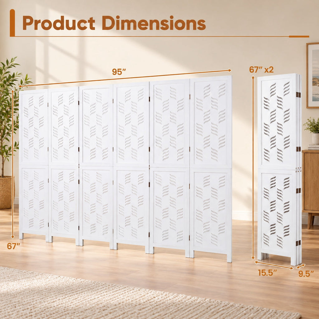 Airfind 5.5 FT Tall Room Divider 6 Panels with Wave Cutout and Paulownia Frame for Room, Paulownia Wood Metal Frame, 95in x 67in Footprint, White