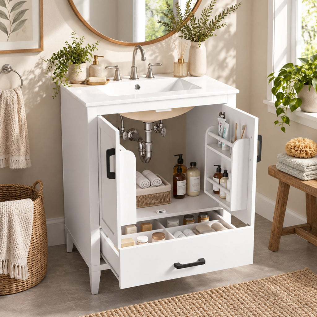 Airfind 24.5 Modern Bathroom Vanity with Sink 2 Doors and Drawer, 24.5 x 18.5 x 34Sink Footprint, White