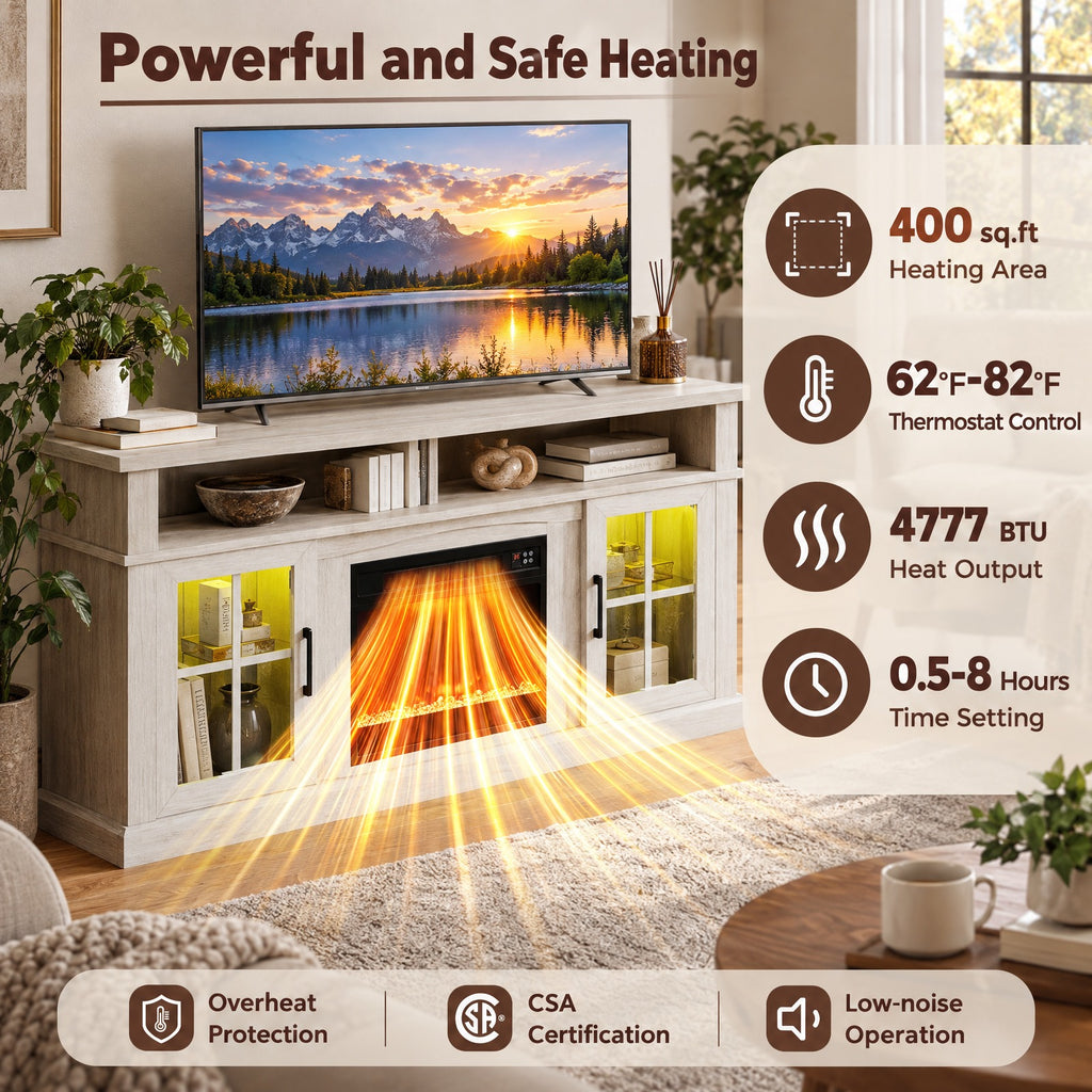 Airfind 58 Inch Fireplace TV Stand with LED Lights with Storage Cabinets and Glass Doors, 70 lbs Capacity, MDF Metal Tempered Glass Frame, Gray