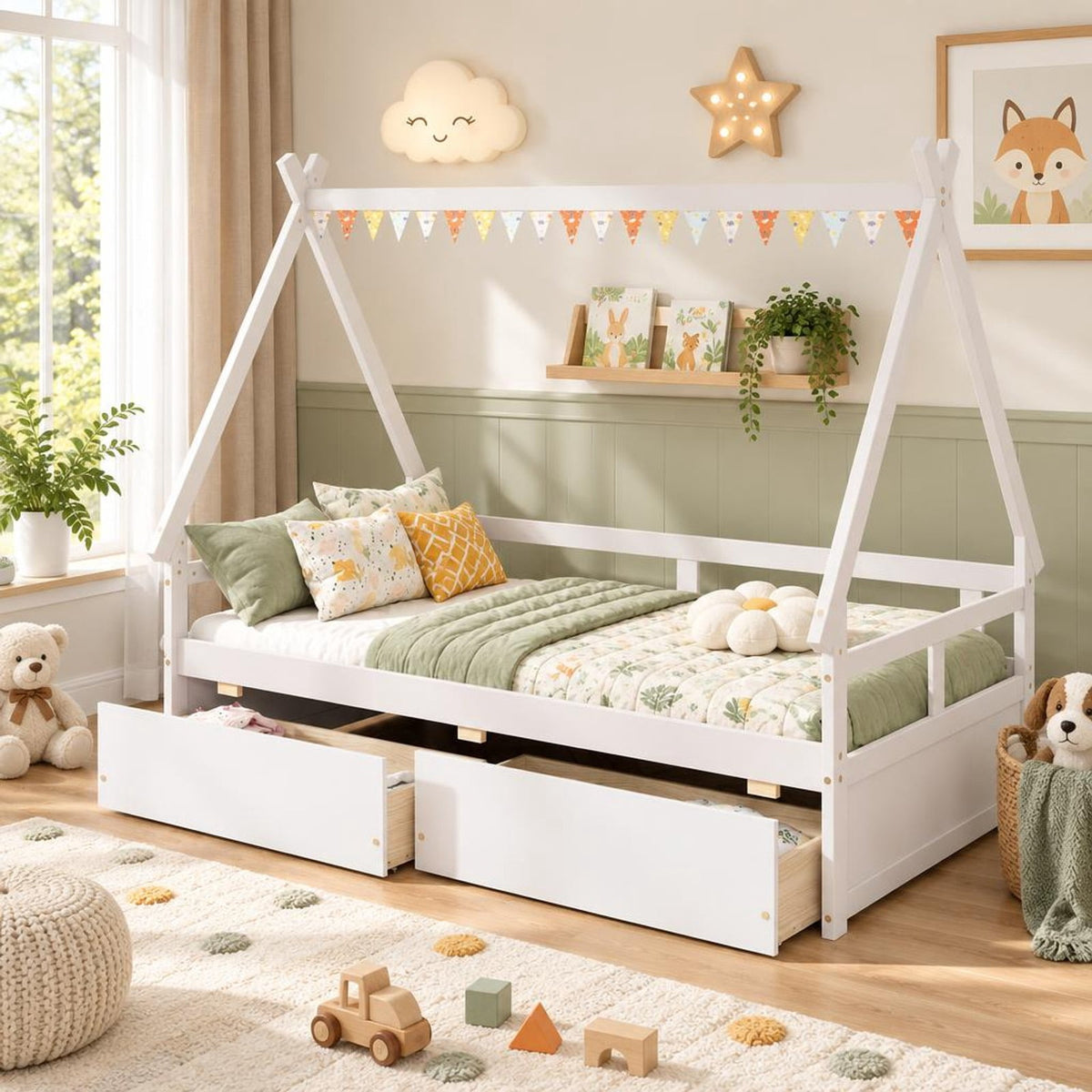 Airfind Twin Size House Bed with Roof and Safety Guardrail, Solid Wood MDF Plywood, Net Weight 83 Lbs for Convenient Everyday Use, White