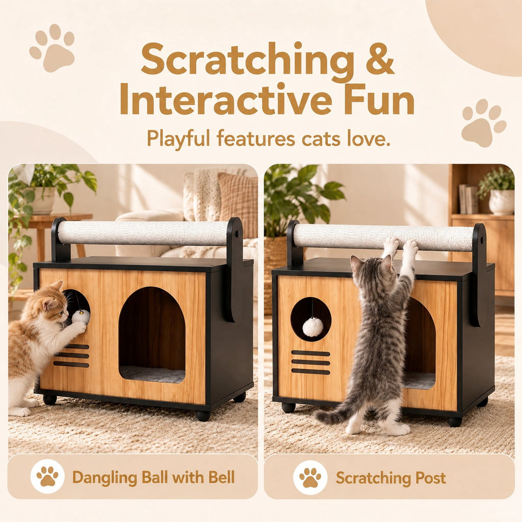 Airfind Wooden Cat House with Scratching Post, 33 lbs Capacity, Engineered Wood Frame, 19 Inch x 12 Inch x 17.5 Inch Height of Cat House 12 Inch Footprint, Black