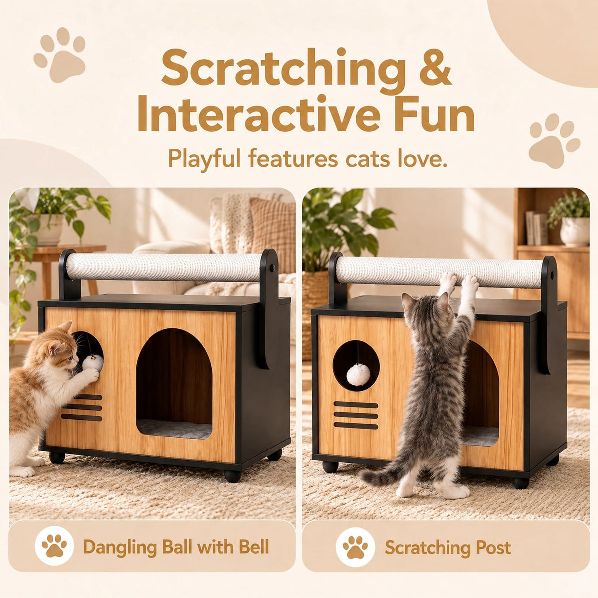 Airfind Wooden Cat House with Scratching Post, 33 lbs Capacity, Engineered Wood Frame, 19 Inch x 12 Inch x 17.5 Inch Height of Cat House 12 Inch Footprint, Black
