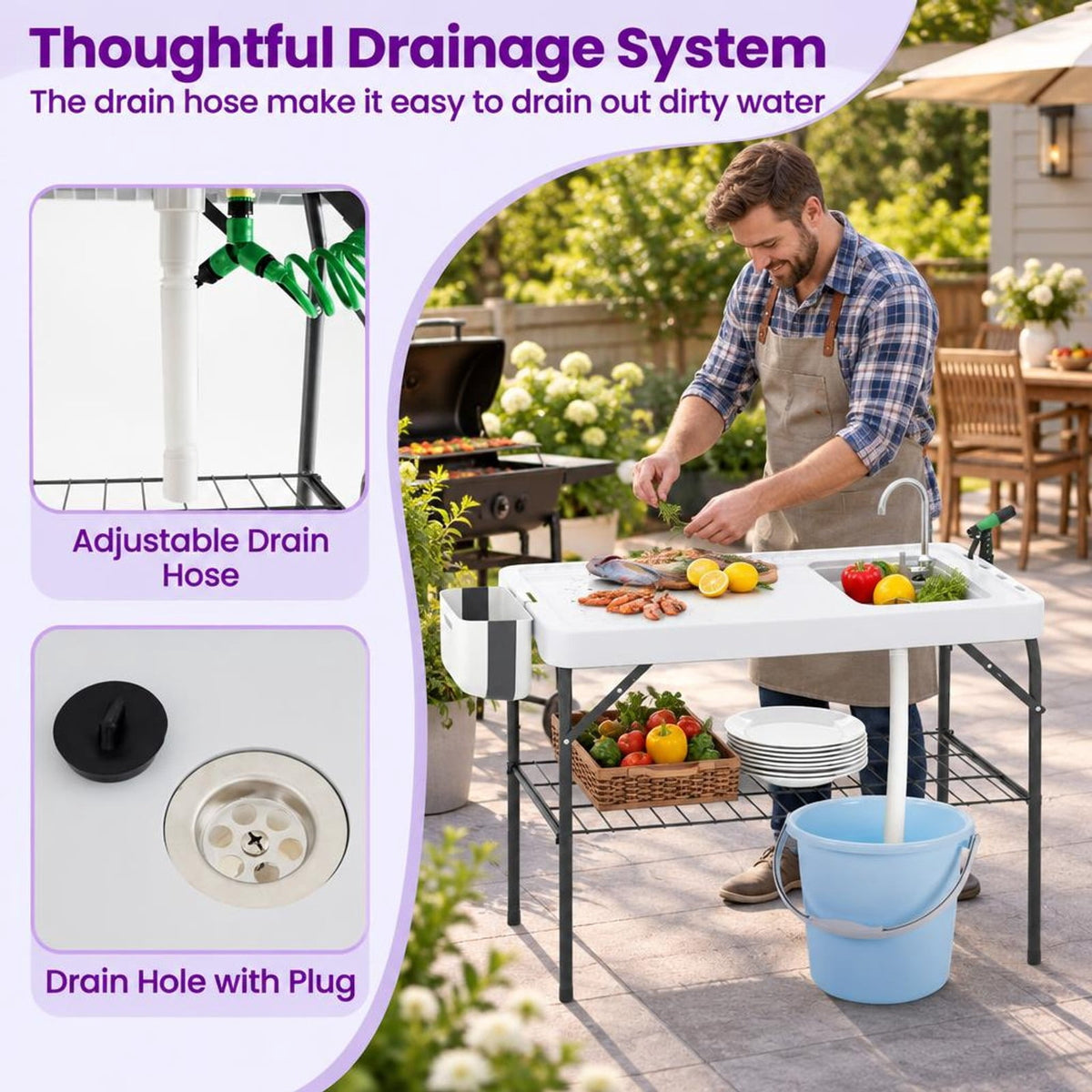 Airfind 2 in 1 Folding Fish Cleaning Table with Sink and Faucet for Patio BBQ, 330 lbs Capacity, HDPE Metal Stainless Steel Frame, White+Black