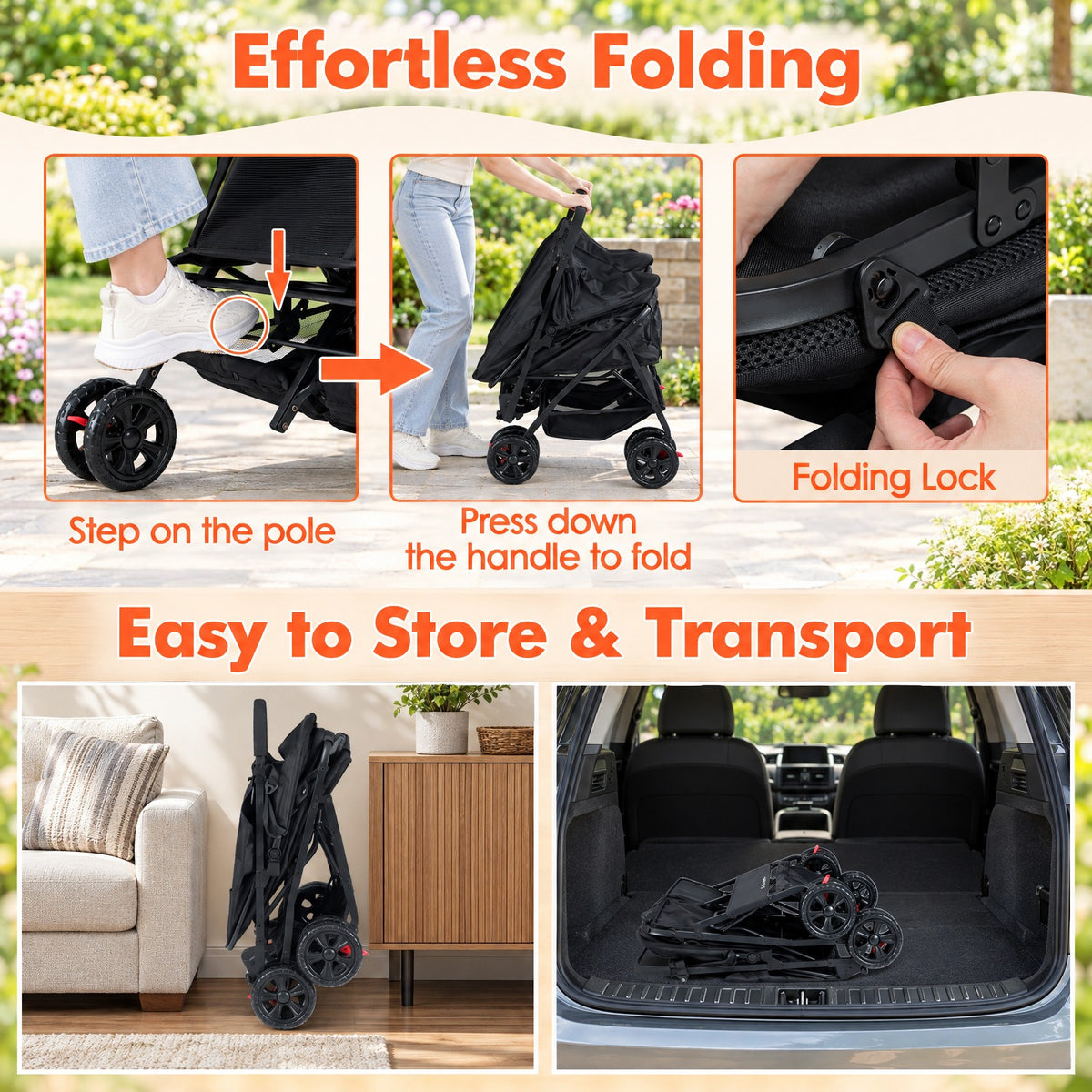 Airfind Foldable Double Pet Stroller with Adjustable Sunshade and Storage Basket, Aluminium Alloy Oxford Fabric PP EVA Frame, Black