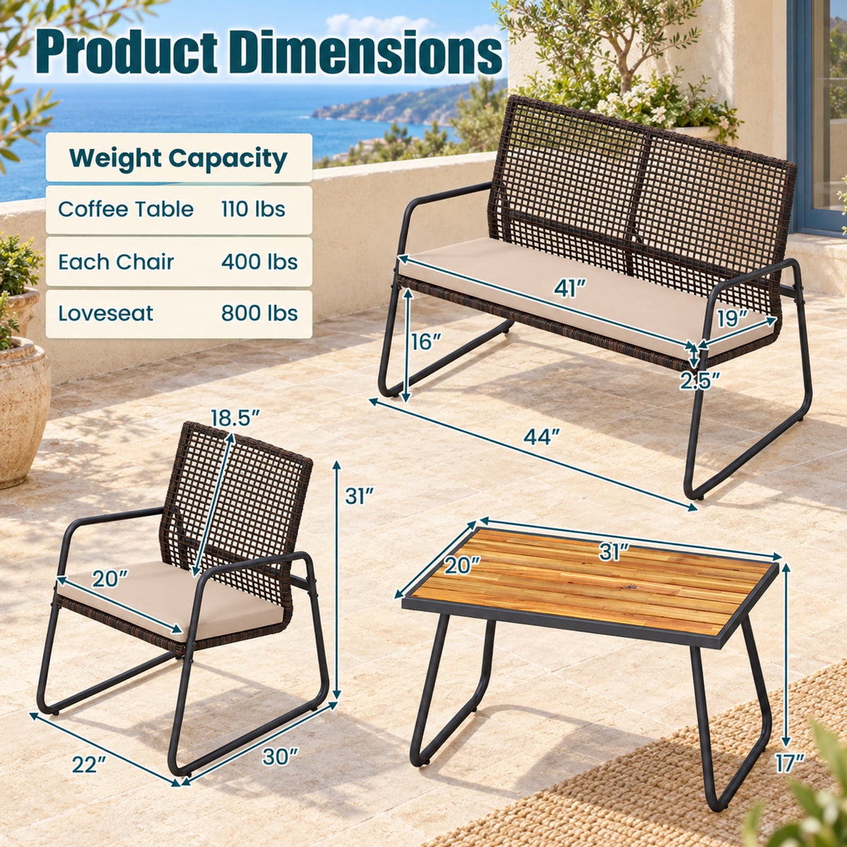 Airfind 8 Pieces Patio Furniture Set with Acacia Wood Coffee Table and Zippered Cushions, 110 lbs Capacity, 31 x 20 x 17 Footprint, Yellow