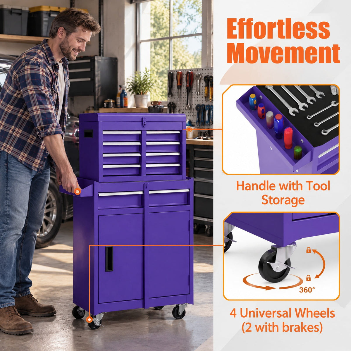 Airfind 2-in-1 Rolling Tool Chest with 5 Sliding Lockable Drawers, 220.5 lbs Capacity, Steel rubber-plastic synthetic Frame, Purple