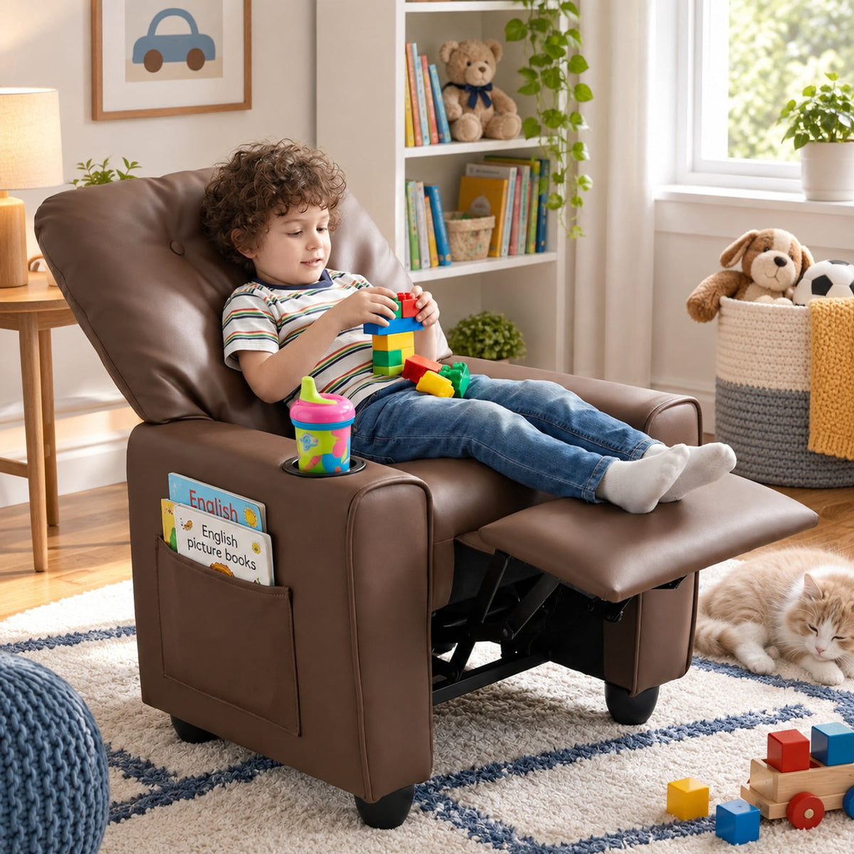 Airfind Youth Recliner Chair with Cup Holder, Side Pocket and Push-back Footrest, PU Upholstery, 24 x 21 x 30 in for Everyday Use, Brown
