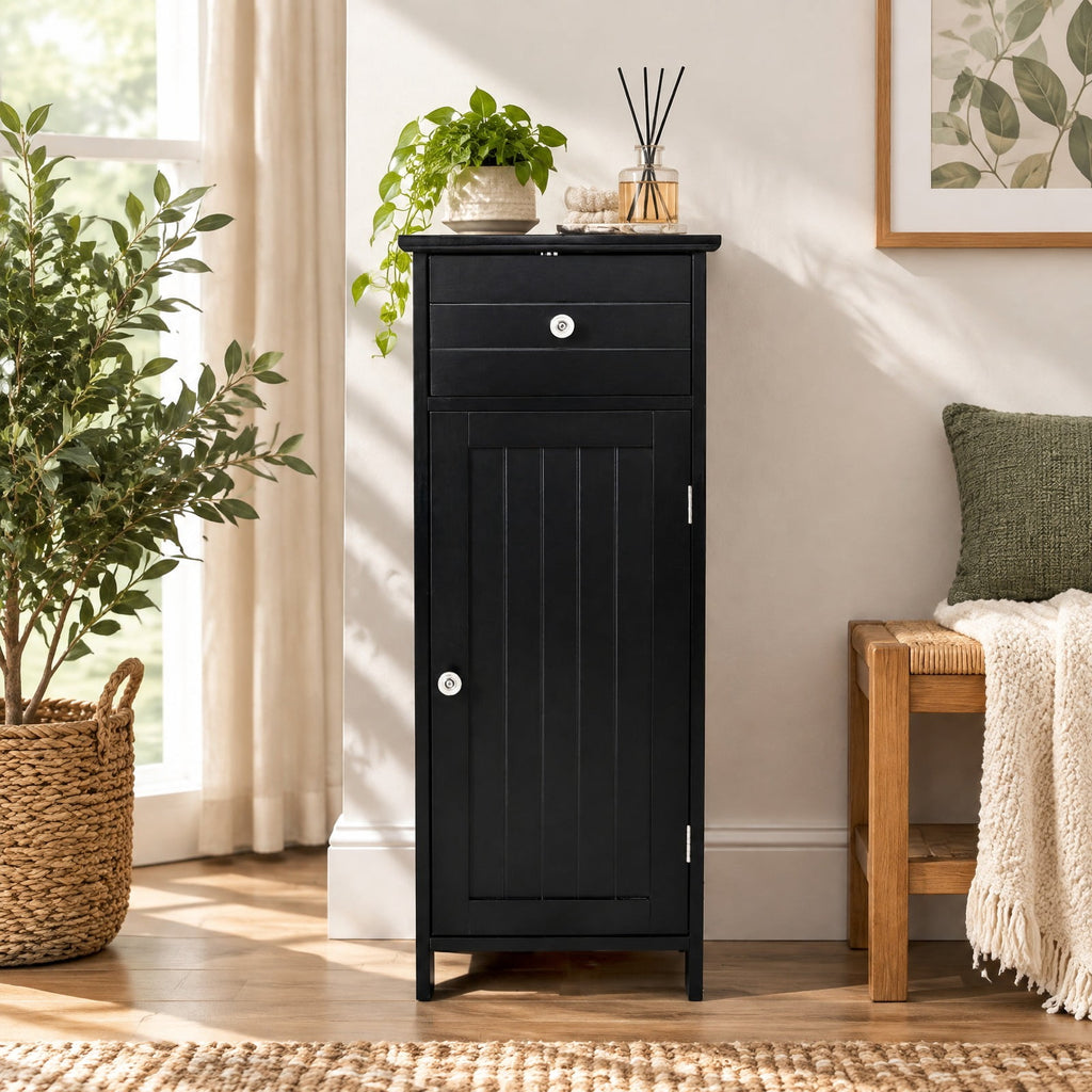Airfind Wooden Bathroom Floor Storage Cabinet with Drawer and Shelf, 22 lbs Capacity, MDF Frame, 14 Inch x 12 Inch x 34.5 Inch Footprint, Black