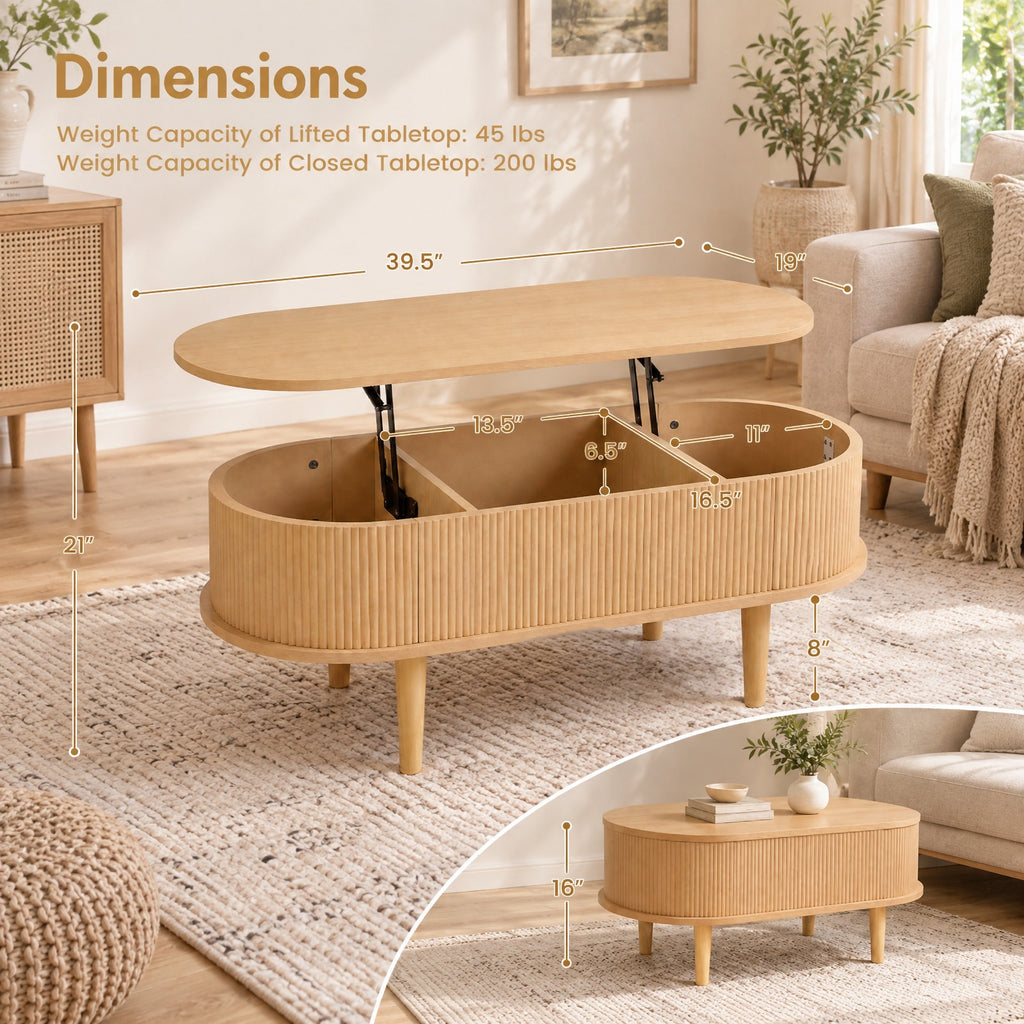 Airfind 43.5 Inch Oval Lift Top Coffee Table with Storage and Fluted Design for Living Room, 200 lbs Capacity, Engineered Wood Solid Wood Frame, Natural