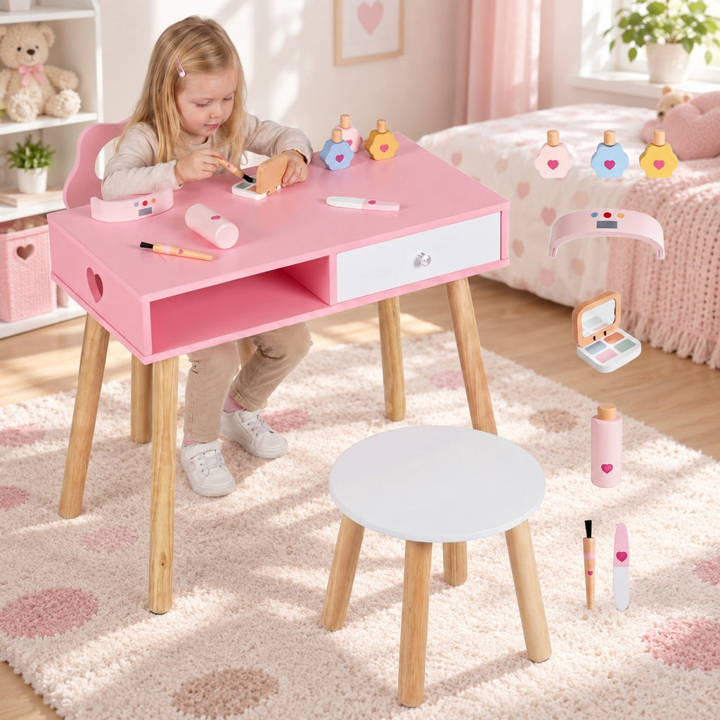 Airfind Wooden Youth Styling Salon Playset featuring Chair and Stool, Dressing and Styling Activity Kit with Eye Shadow, 66 lbs Capacity, Pink