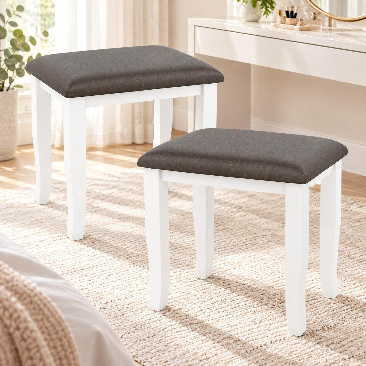 Airfind Faux Leather Vanity Stool Chair Set of 2 for Makeup Room and Living Room, 18.5in x 14.5in x 17.5inSeat Cushion Footprint, Gray