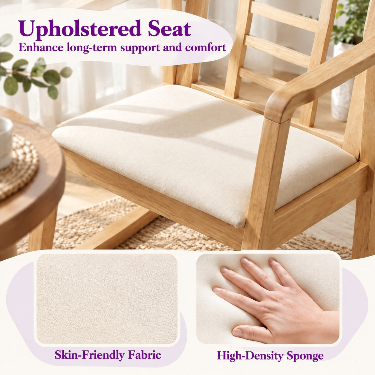 Airfind Wooden Rocking Chair with Upholstered Seat and Ladder Back for Living Room, 400 lbs Capacity, Rubber Wood Faux Leather/Fabric Sponge Frame