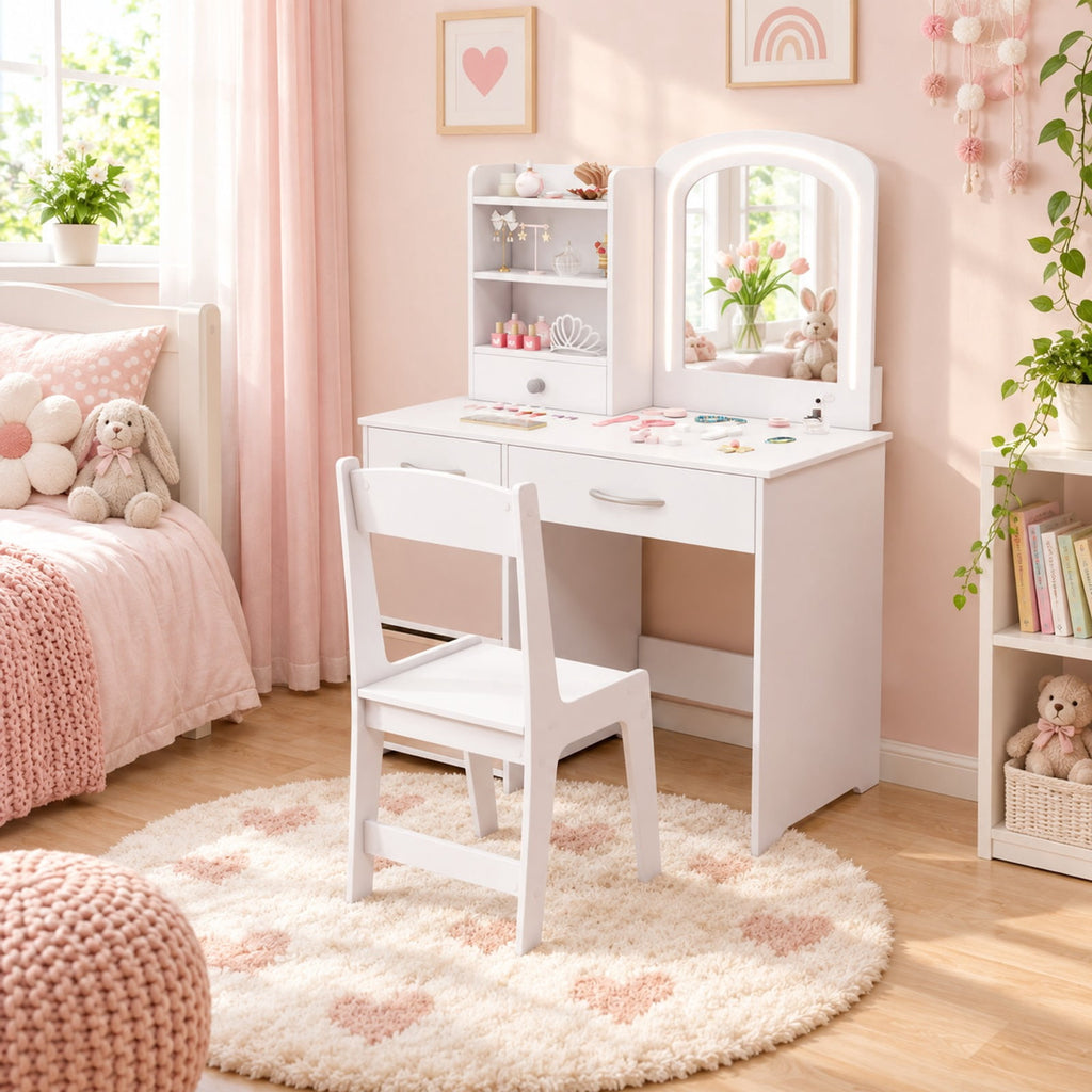 Airfind Kids Vanity Set with Lighted Mirror Makeup Desk and Chair Set with Drawers, 110 lbs Capacity, MDF Frame, for 3+ years old, White
