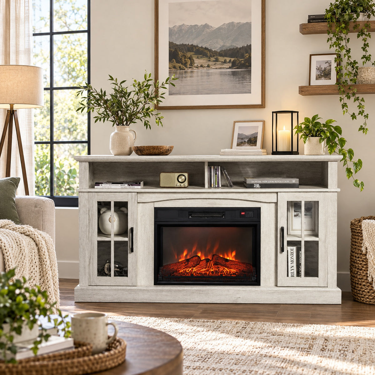 Airfind Fireplace TV Stand for TVs Up to 65 Inch with Side Cabinets and Remote Control, 66 lbs Capacity, Engineered wood Frame, Gray
