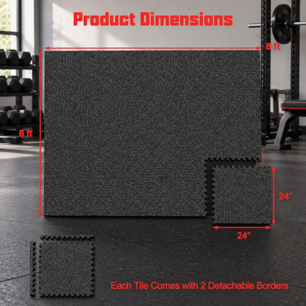 Airfind 0.79 inch Thick Rubber Top Exercise Mat 48 Sq Ft with Boarders, Rubber PE Foam Frame, of 12 Tiles 6 x 8 ft Total Footprint, Black