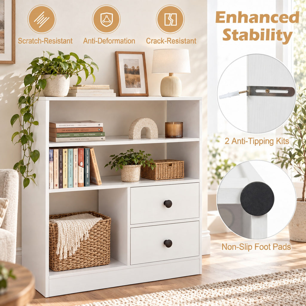 Airfind Open Storage Cabinet with 3 Open Compartments and 2 Drawer, 44 lbs Capacity, Engineered Wood Fabric Frame, 27.5 x 12 x 27.5 Footprint