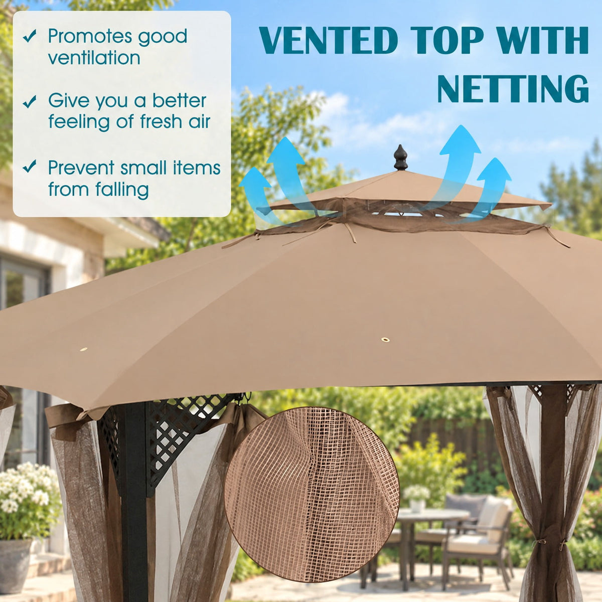 Airfind 10 x 12 Feet Gazebo Replacement Top with Air Vent and Drainage Holes, Polyester Frame, 12 ft x 10 ft Footprint, Brown
