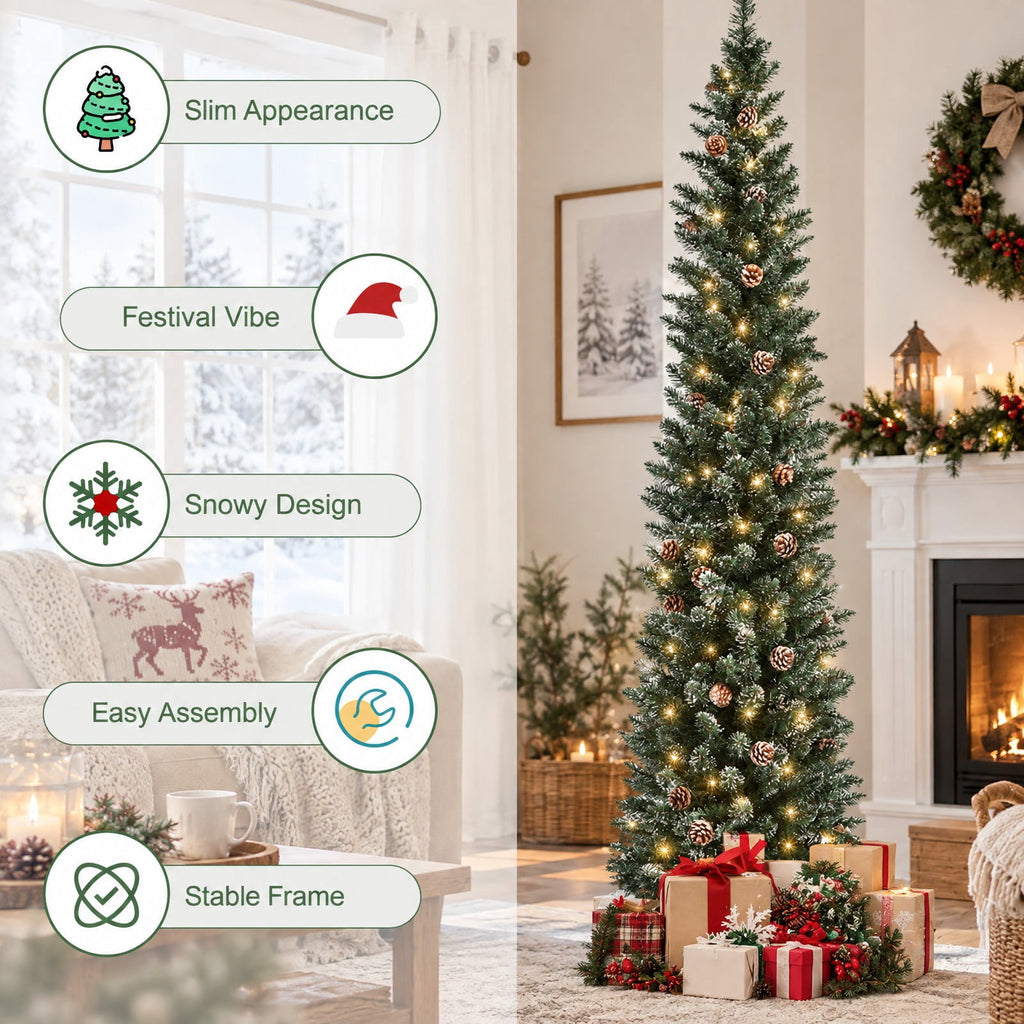 Airfind 7 Ft Pencil Christmas Tree featuring Snowy PVC Branches, 351 Tips, 41 Pine Cones and Foldable Metal Stand for Holiday Decor, Green