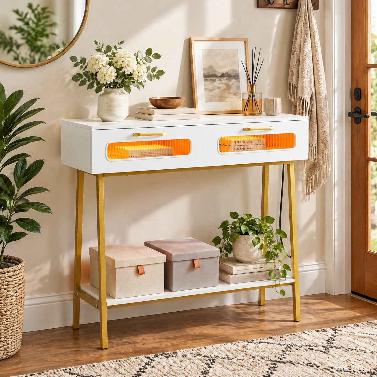 AIRFIND Console Table with LED Lights, 2 Fluted-Front Drawers and Open Shelf, 36 inch Entryway Sofa Table with Metal Legs, White and Gold