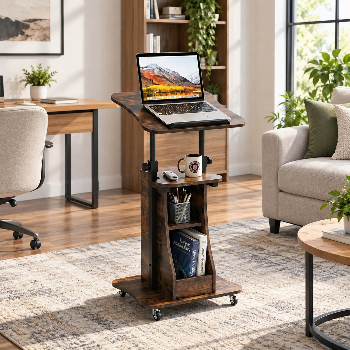 Airfind Mobile Podium Stand Height Adjustable Laptop Cart with Tilting Tabletop and Storage Compartments, 200 lbs Capacity, Brown