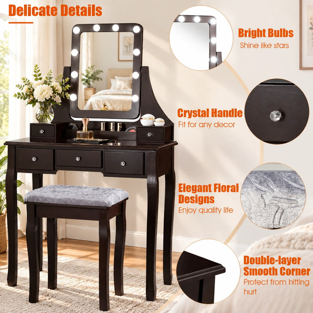 Airfind Vanity Dressing Table featuring 10 Dimmable Bulbs and Cushioned Stool, 220 lbs Capacity, MDF Pine Frame, 31.5 Inch x 16 Inch x 53 Inch Footprint, Brown