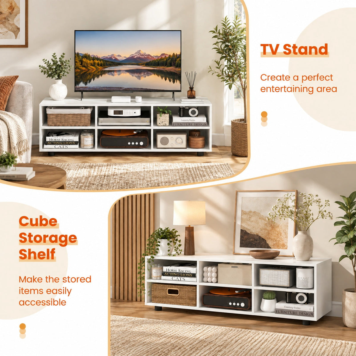Airfind TV Stand for TV up to 55 Inch with 6 Storage Compartments, 135 lbs Capacity, Engineered Wood MDF Frame, 45 Inch x15.5 Inch x 13.5 Inch Footprint, White