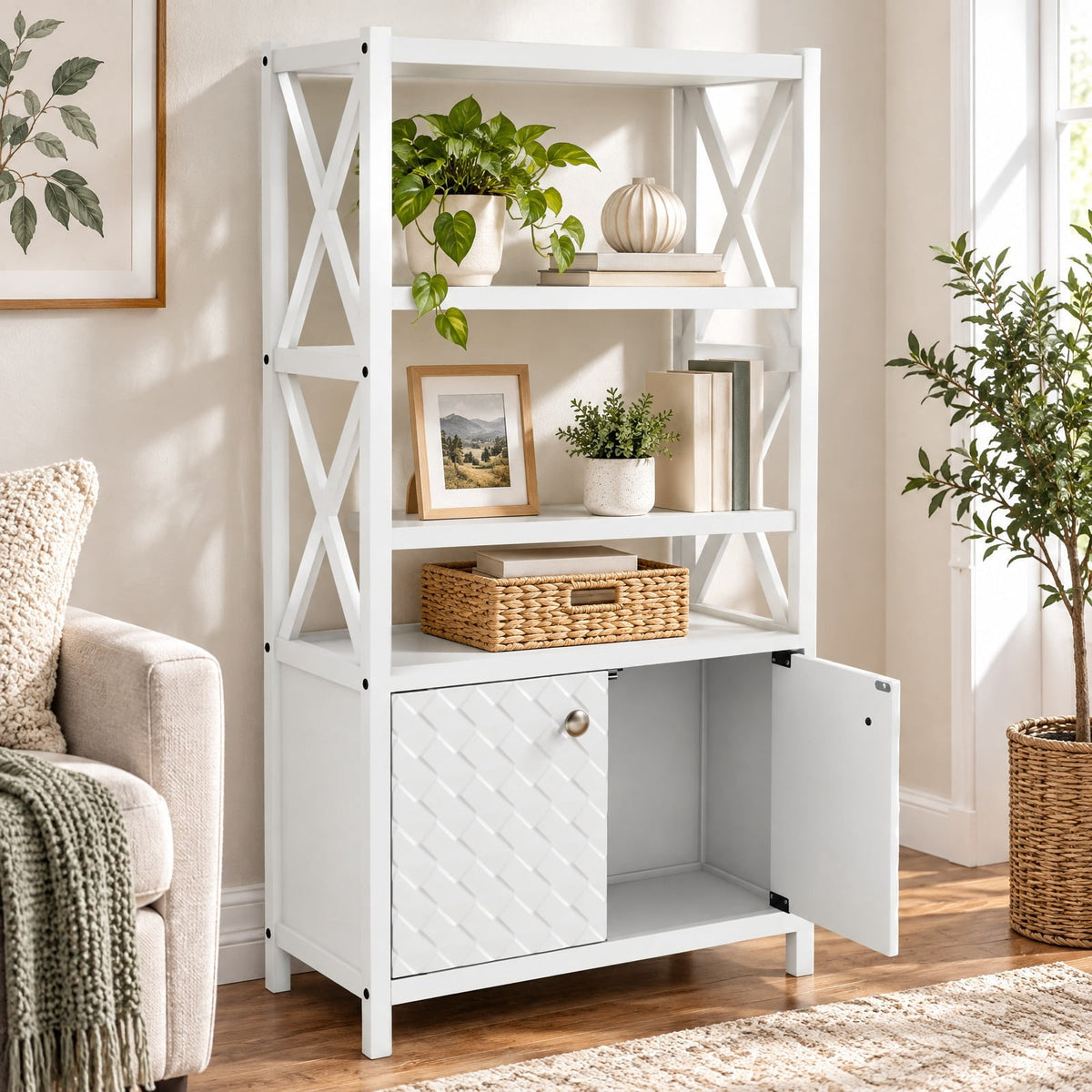 Airfind Bathroom Storage Cabinet, with Open Shelves and Double Doors, 88 lbs Capacity, Rubber Wood MDF Frame, 25 Inch x 12 Inch x 47 Inch Footprint, White