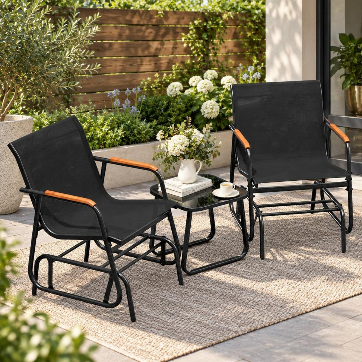 Airfind 3-Piece Outdoor Glider Bistro Set with Tempered Glass Top and Metal Frame, 22 x 18Weight Footprint, Black
