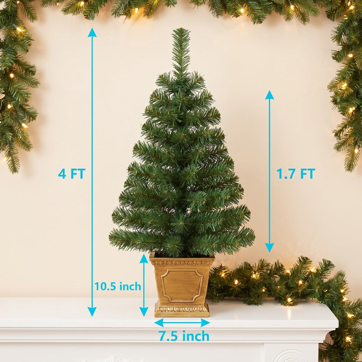Airfind 4 Feet Pre, Pine Needles Cement Tree Height 120 cm Tree Width 50 cm Frame, Green+Gold, Size of the Base 18.5 x 18.5 x 26.5 cm