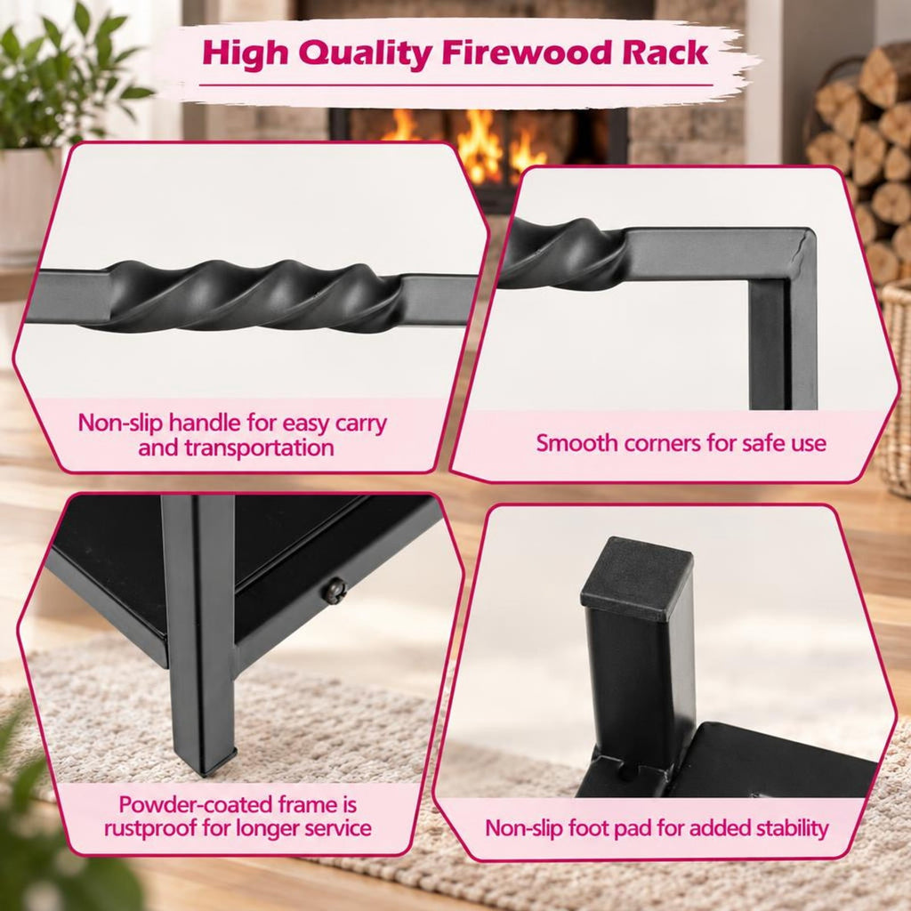 Airfind Firewood Log Rack with Unique Handle and Raised Feet, 110 lbs Capacity, Steel Frame, 16 x 13.5x 14 Footprint, Black