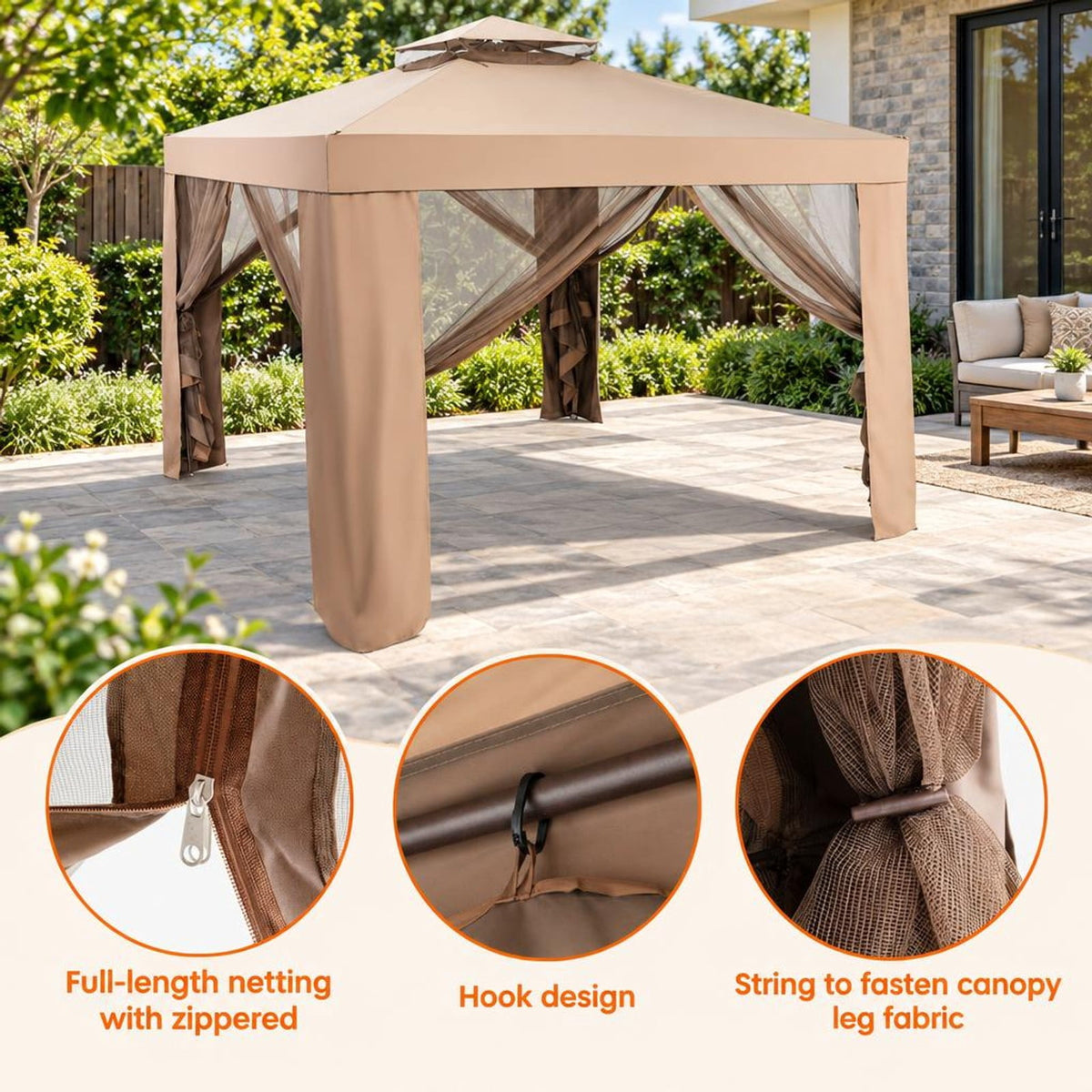 Airfind Canopy and Garden Structures Gazebo with Netting for Outdoors, Steel and polyester fabric Frame, Brown