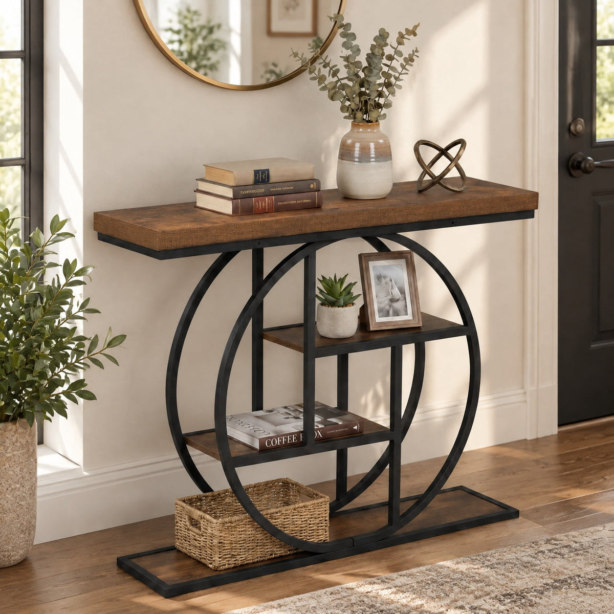 Airfind 4-Tier Console Table 41 Inches Entryway Table with Storage Shelves, 110 lbs Capacity, MDF Metal Frame, 41 Inch x 12 Inch x 31 Inch Footprint, Brown