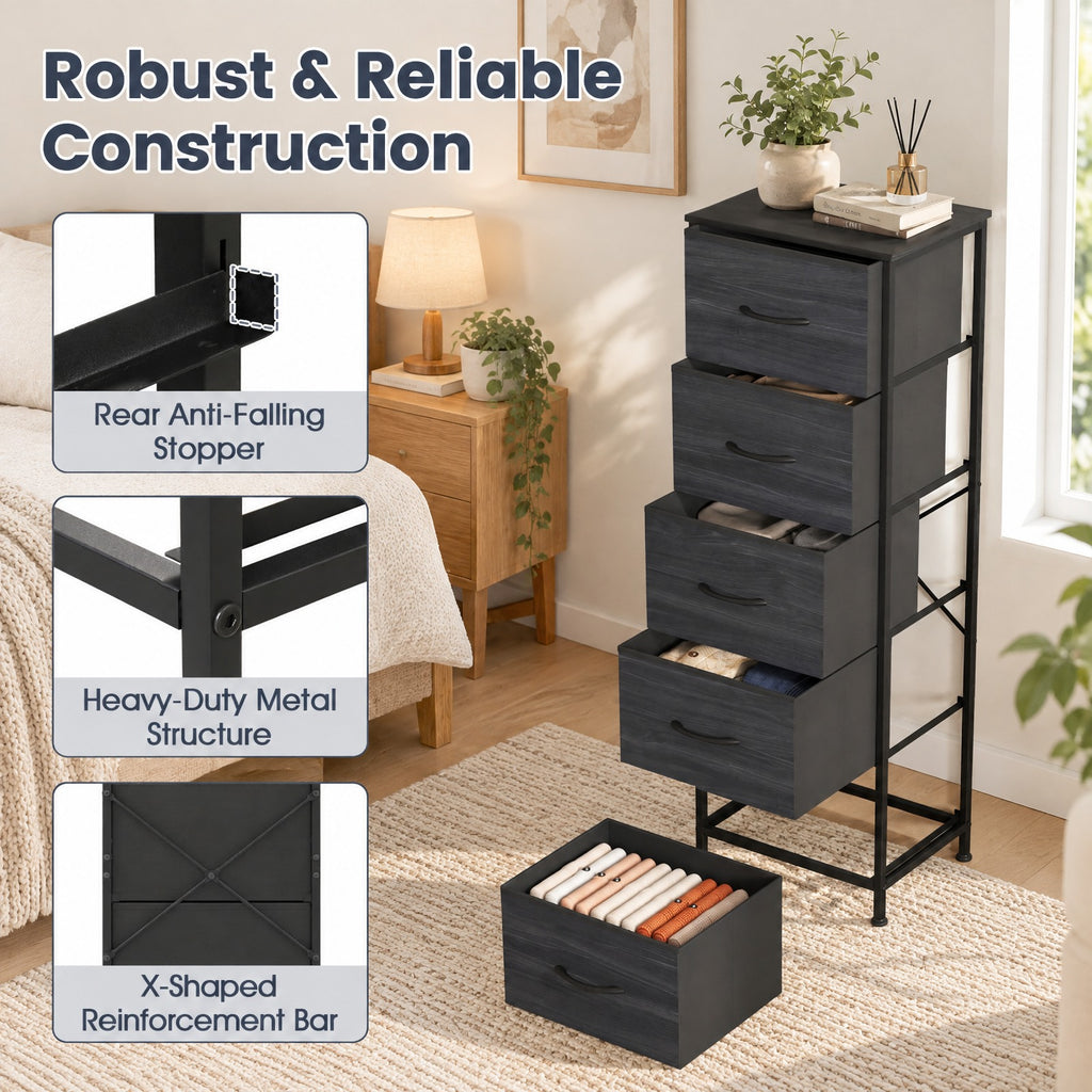 Airfind Dresser Nightstand with 5 Roomy Fabric Drawers for Bedroom, 130 lbs Capacity, Metal Engineered Wood Non-Woven Fabric Frame, Black