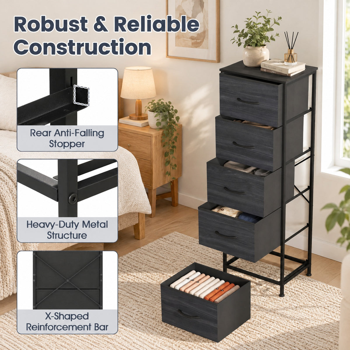 Airfind Dresser Nightstand with 5 Roomy Fabric Drawers for Bedroom, 130 lbs Capacity, Metal Engineered Wood Non-Woven Fabric Frame, Black