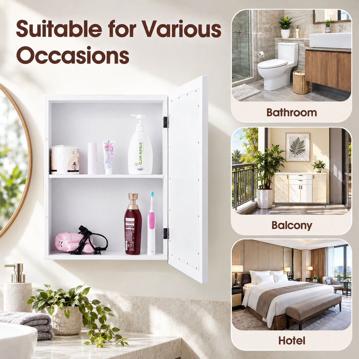 Airfind Wall Mounted Adjustable Medicine Storage Mirror Cabinet, MDF glass Frame, 20 Inch x 6 Inch x 26 Inch Footprint, White