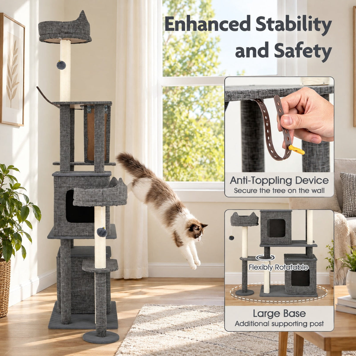 Airfind 71 Inch Tall Cat Tree Multi-Level Large Cat Tower with Scratching Posts, 33 lbs Capacity, 34in x 16in x 71in Condo Footprint, Grey