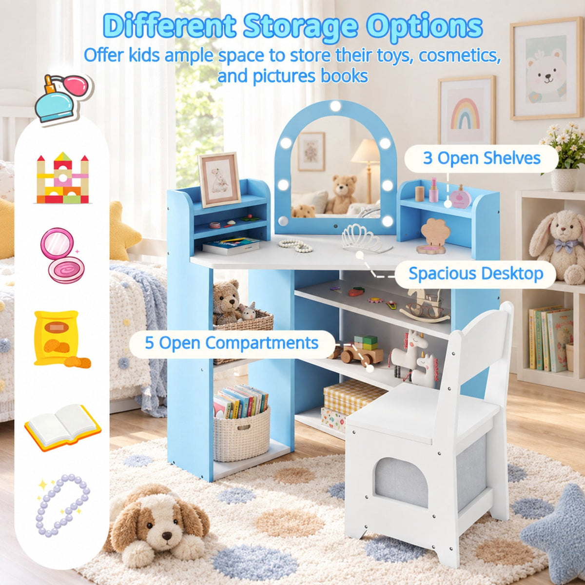 Airfind 2-In-1 Kids Vanity Set with Lights for Toddlers 3+ Years Old, 45 lbs Capacity, MDF Non-woven Fabric Frame, 37 x 24 x 39.5 Footprint