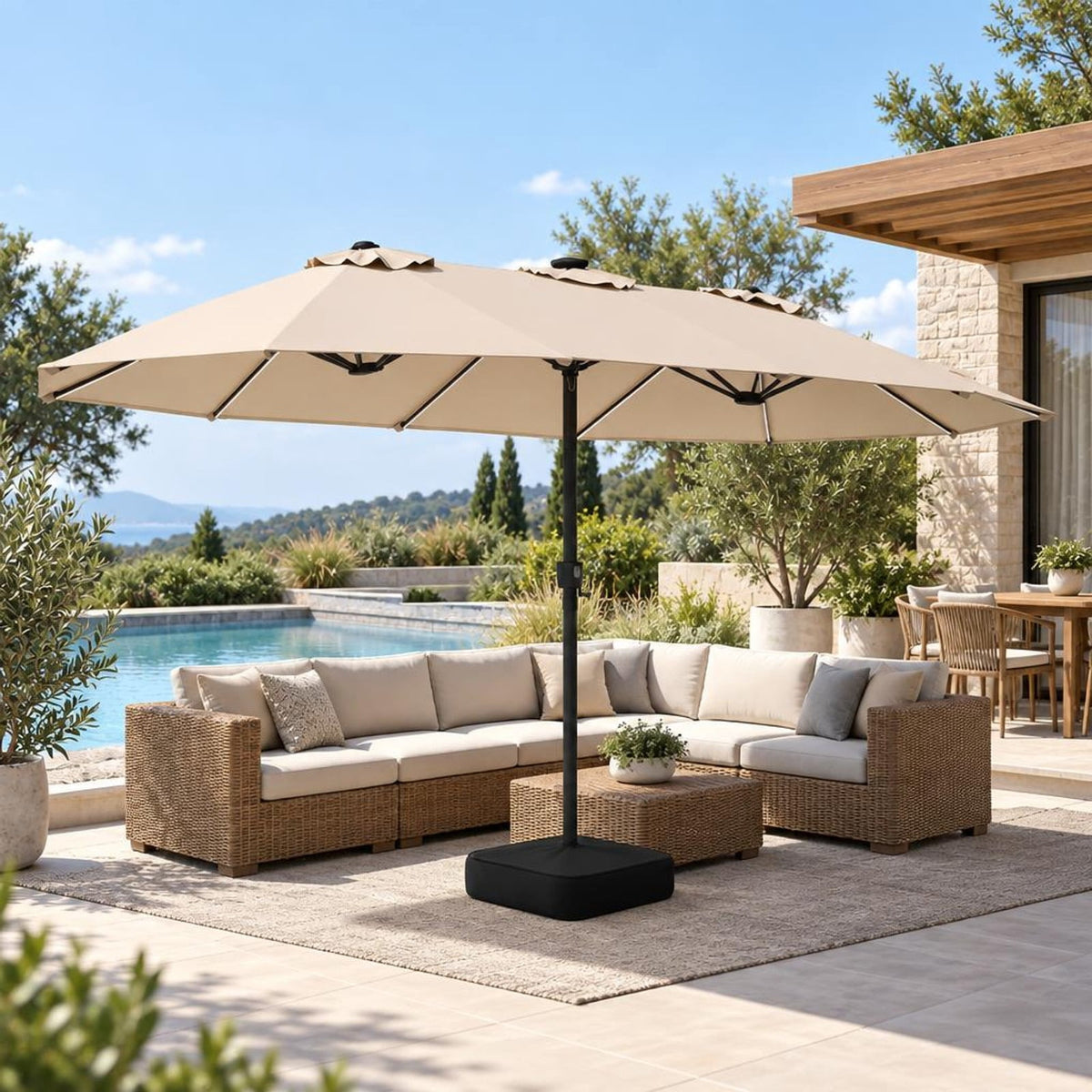 Airfind 15.5FT Extra-Large Patio Umbrella with Base 12 Reinforced Ribs, 180G Polyester Fabric Metal External Frame, Beige