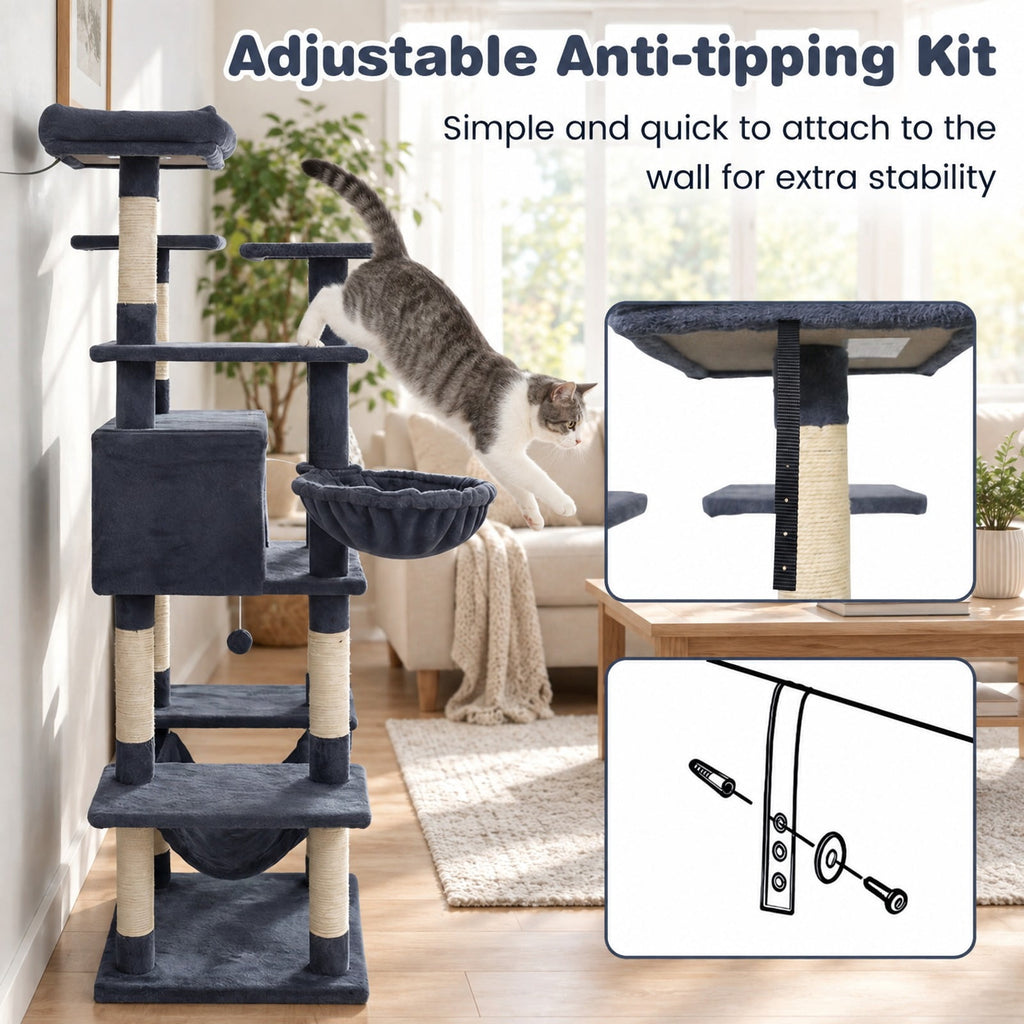 Airfind Large Cat Tree for Indoor Cats 63 Inch Tall Cat Tower, Plush Fabric Sisal Engineered Wood Base Frame, Dark Gray