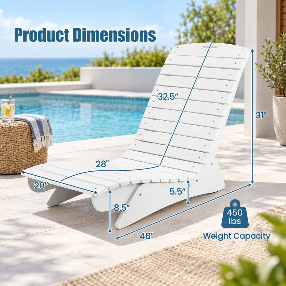 Airfind Fade-Resistant Outdoor Lounger with Contoured Shape for Deck Poolside, 450 lbs Capacity, HDPE Frame, White