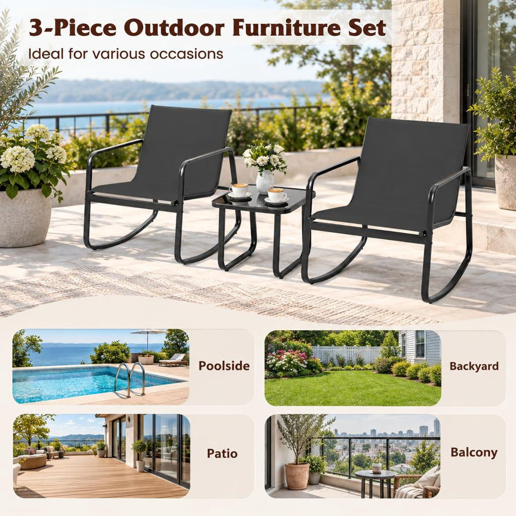 Airfind 2 Rocking Bistro Chairs and Glass-Top Table for Porch Yard Balcony, 330 lbs Capacity, Metal Fabric Tempered Glass Frame, Black