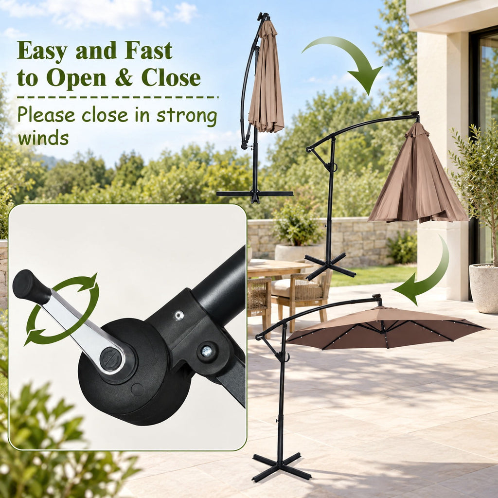 Airfind 10 ft 360° Rotation Solar Powered LED Patio Offset Umbrella without Weight Base, Steel aluminum polyester fabric Frame, 10 x 7.5 Footprint