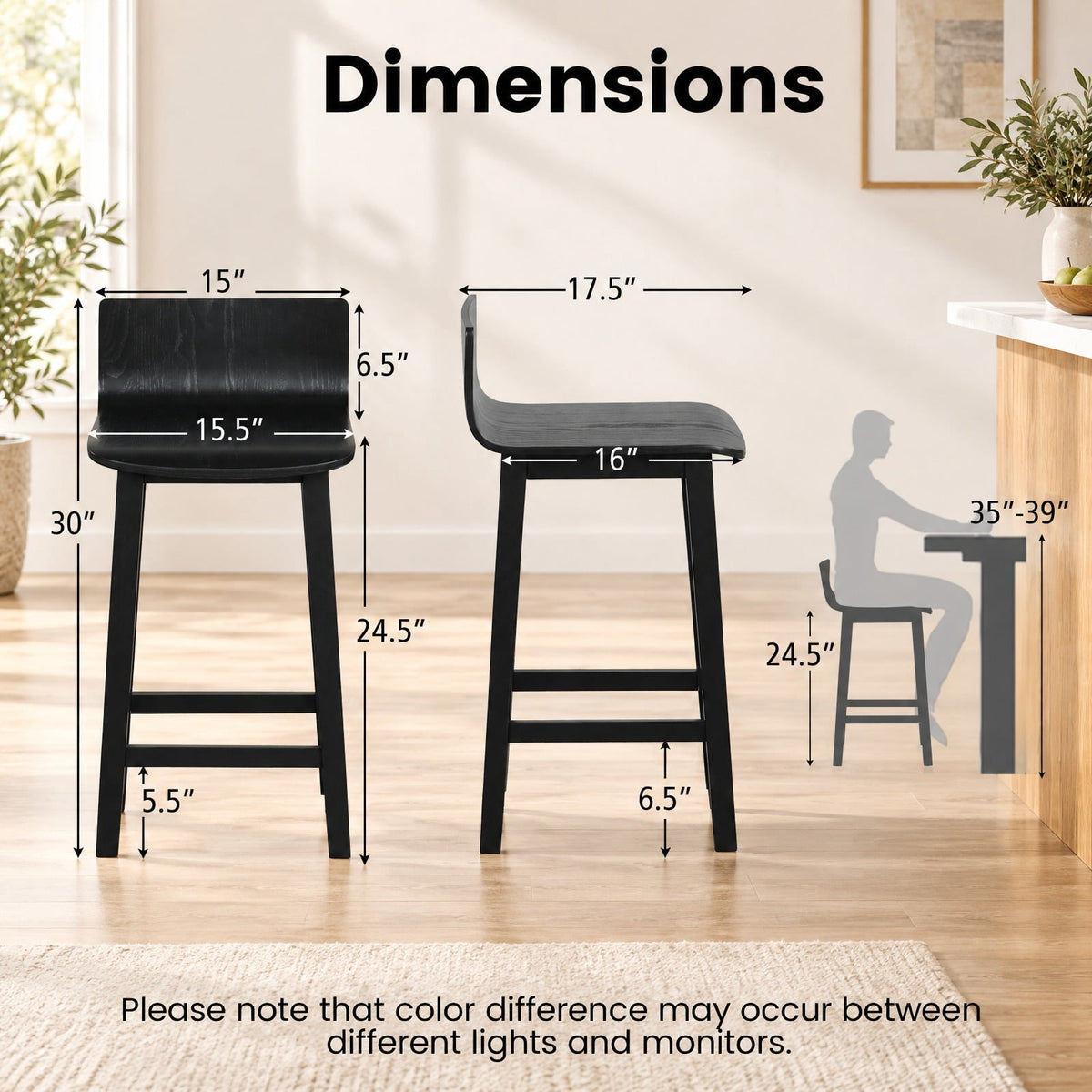 Airfind Wood Bar Stools Set of 2 with Solid Back and Seat, Black, Ergonomically designed backrest fits your body curve, for Everyday Home Use