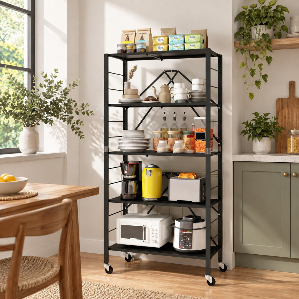Airfind 5-Tier Foldable Storage Shelf with Wheels, 165 lbs Capacity, Metal Frame, 30 Inch x 13.5 Inch x 60.5 Inch Footprint, Black