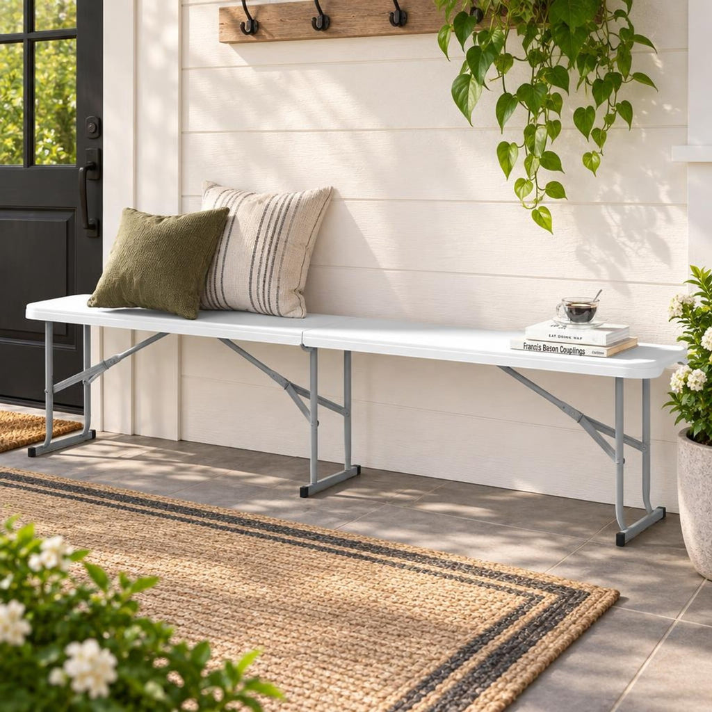 AIRFIND Folding Bench, 6 ft Portable HDPE Picnic Seat with Carrying Handle, Locking Metal Legs and Non-Slip Feet, 660 lb Capacity, White