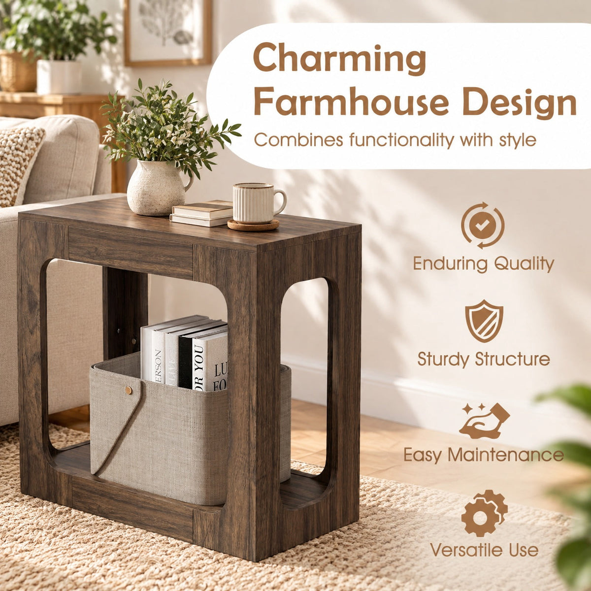 Airfind 2-Tier End Table with Storage Shelf for Living Room, 135 lbs Capacity, Engineered Wood Frame, 23.5 x 12 x 22 Footprint, Walnut