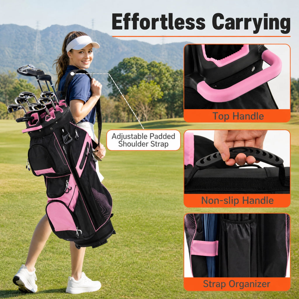 Airfind Molded Lock Top Golf Cart Bag with 14 Way Full Length Dividers and 11 Pockets, Pink Golf Club Bag with Dividers