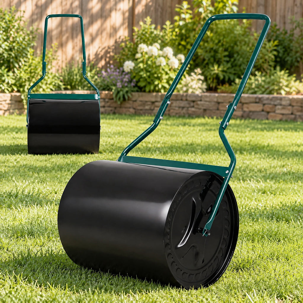 Airfind Lawn Roller 16 Gallon Water/Sand Filled Garden Drum Roller with Leak, Metal Frame, 21 x 16 x 44(L X W X H) Roller Footprint, Black