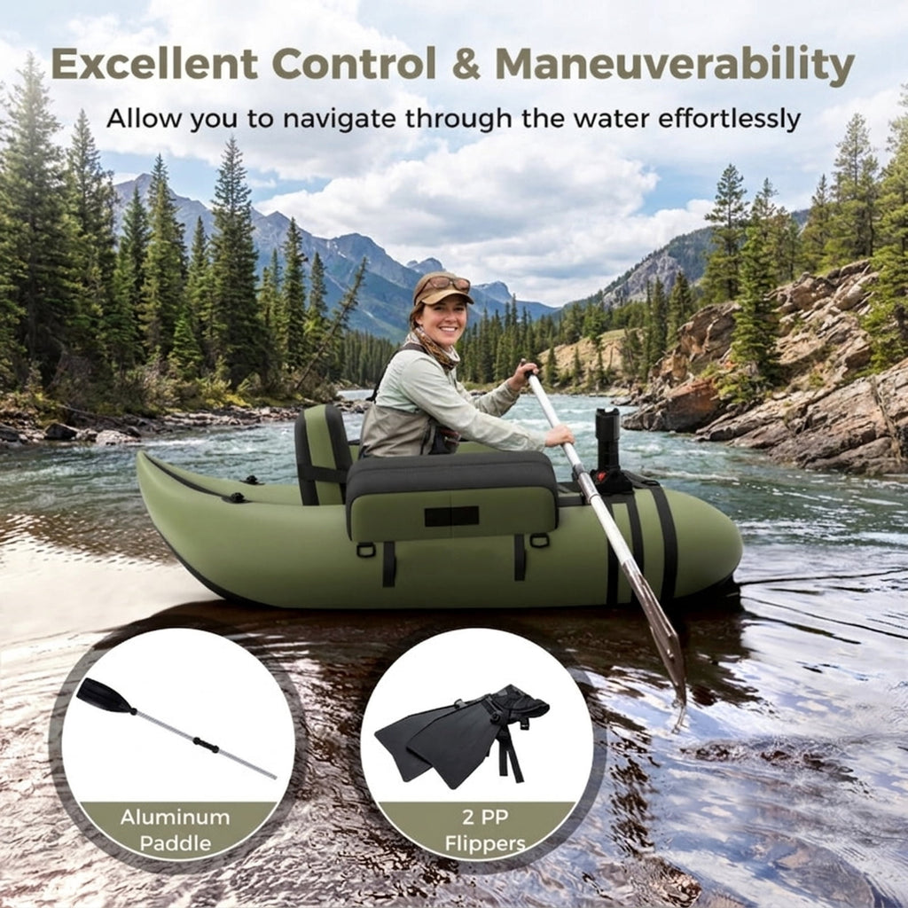 Airfind Inflatable Fishing Float Tube with foot pump and fish ruler plus mesh pockets and 350 lb heavy-duty PVC float seat for lake and pond bass fly fishing, Green
